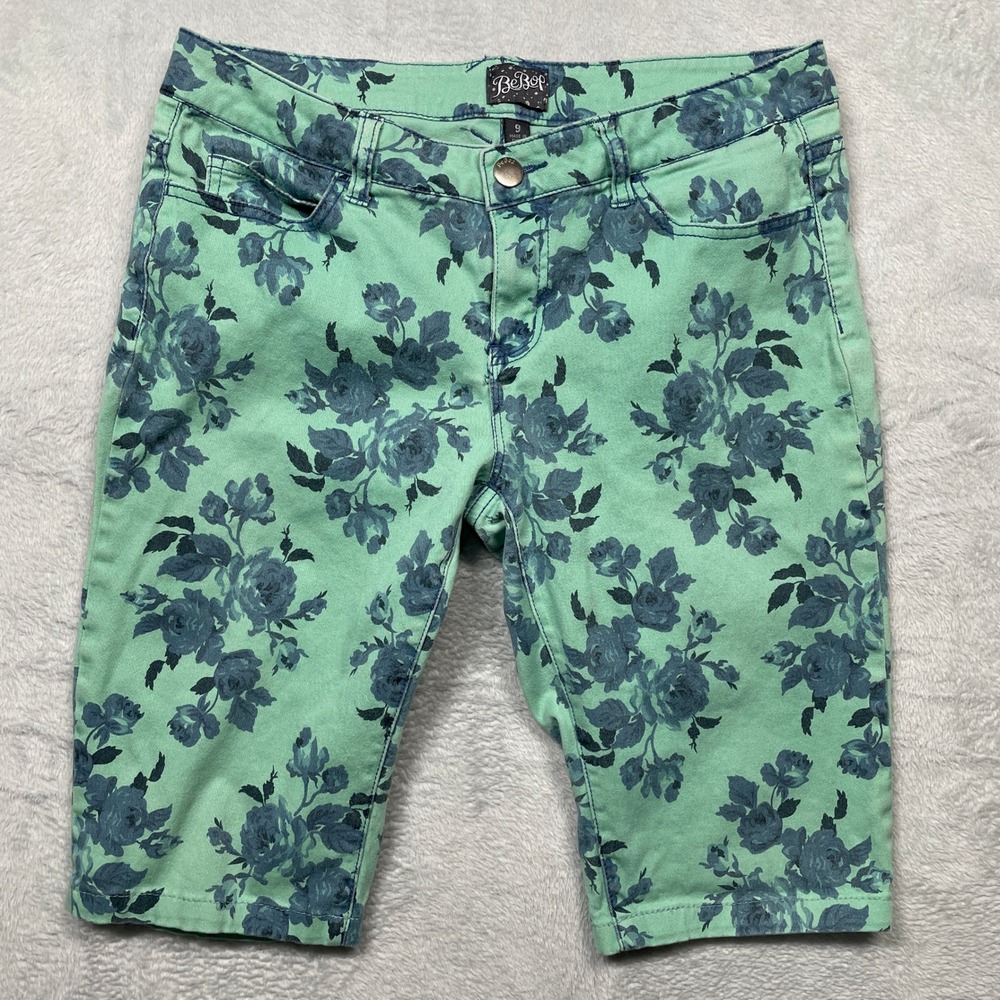 BeBop Floral Bermuda Shorts Womens 9 Mint Green Blue Rose Print Mid Rise Cotton